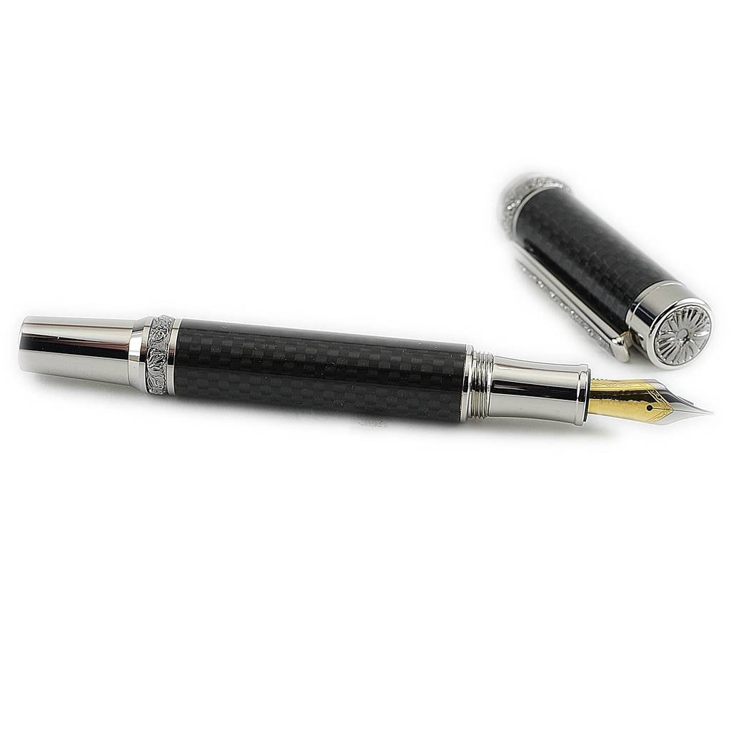 Handmade Carbon Fibre Fountain Pen with Rhodium & Titanium Trim – Irish-Made Luxury Writing Instrument