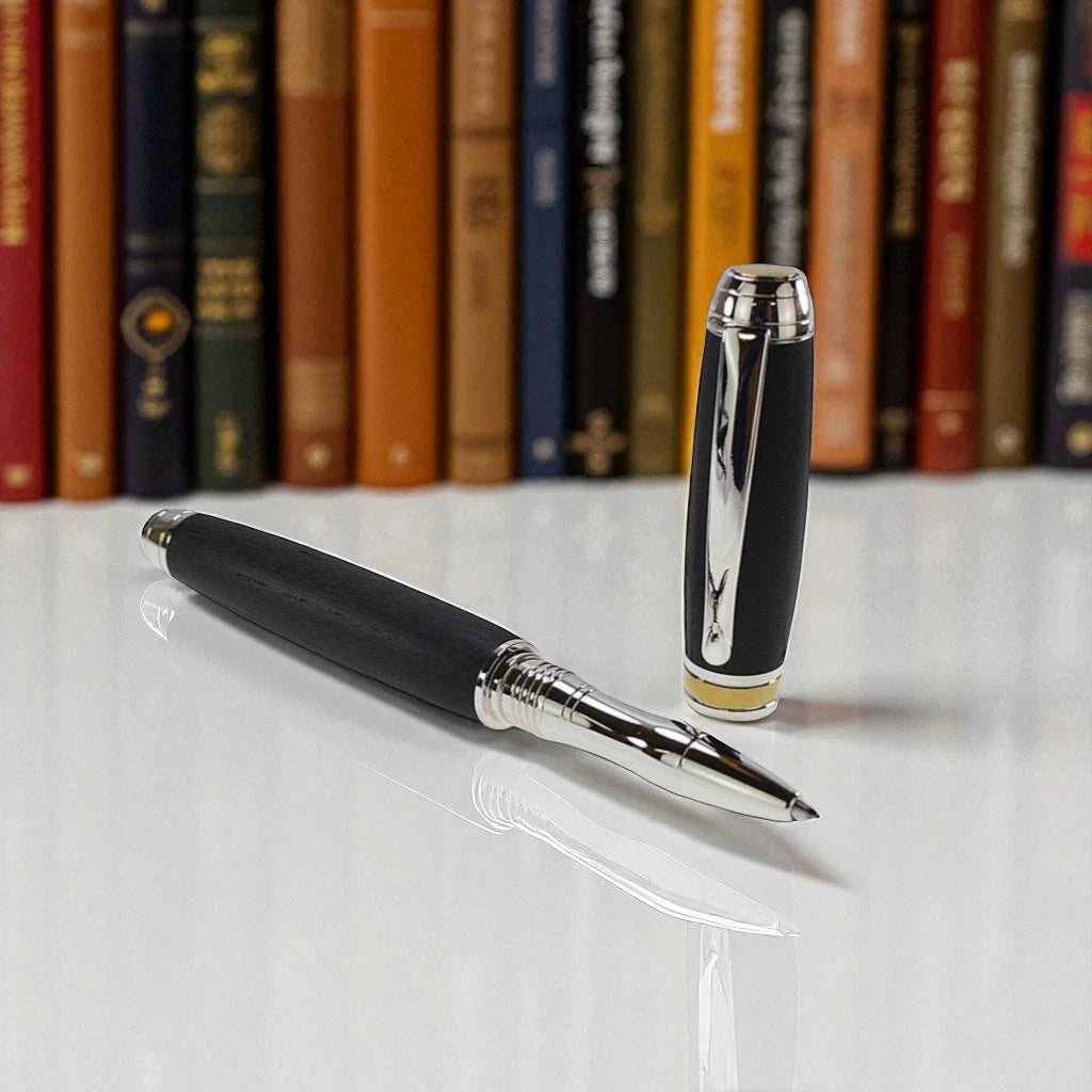 Woodland Rollerball Pen Handmade from Irish Bog Oak with Rhodium and Gold Titanium Trim – by Irish Pens