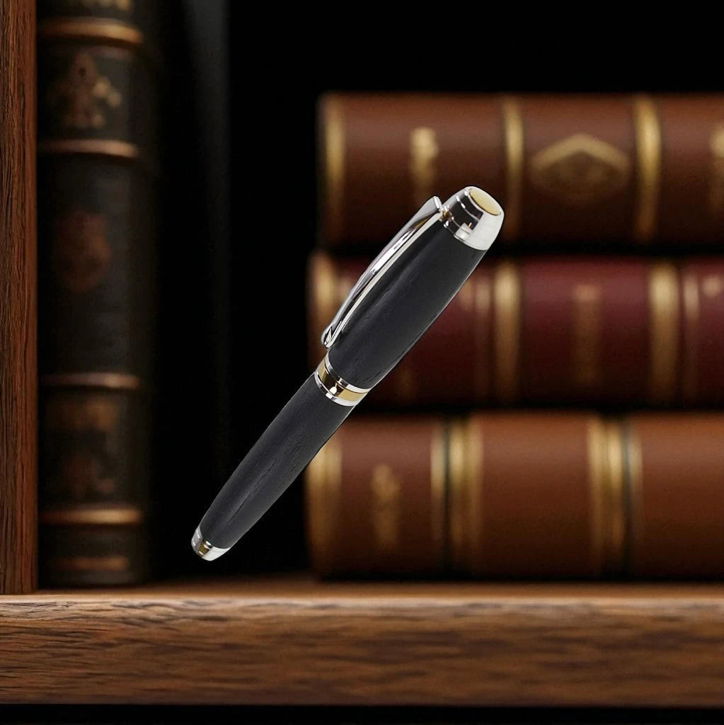 Woodland Rollerball Pen Handmade from Irish Bog Oak with Rhodium and Gold Titanium Trim – by Irish Pens