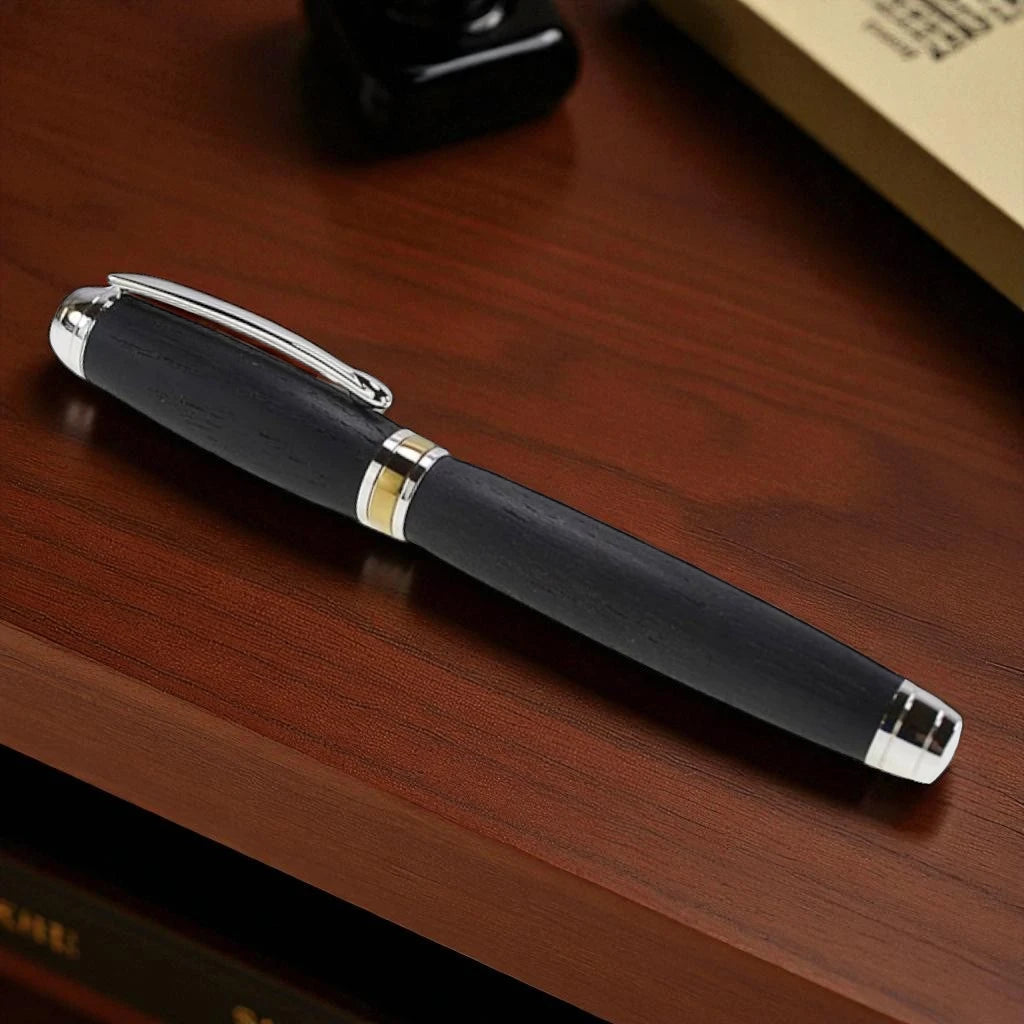 Woodland Rollerball Pen Handmade from Irish Bog Oak with Rhodium and Gold Titanium Trim – by Irish Pens