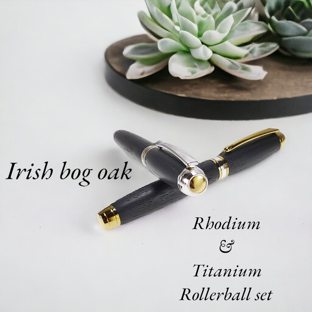 Irish Bog Oak His & Hers Rollerball Pen Gift Set with Rhodium and Gold Titanium Trim
