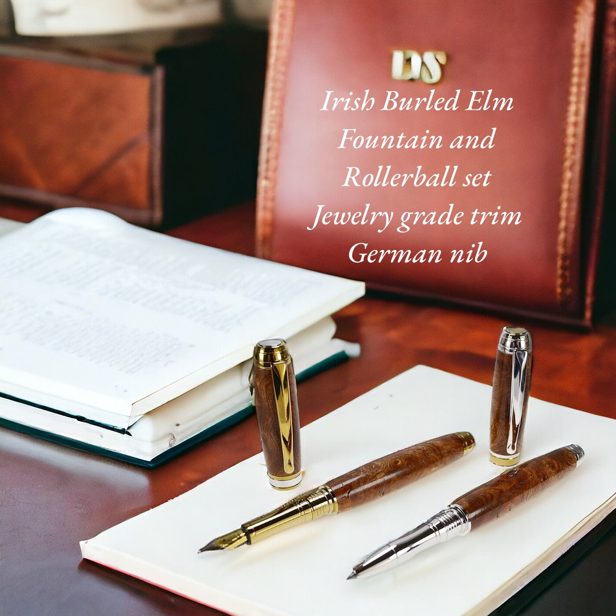 Woodland Gift Set – Irish Burled Elm Fountain and Rollerball Pens with Rhodium and Gold Trim