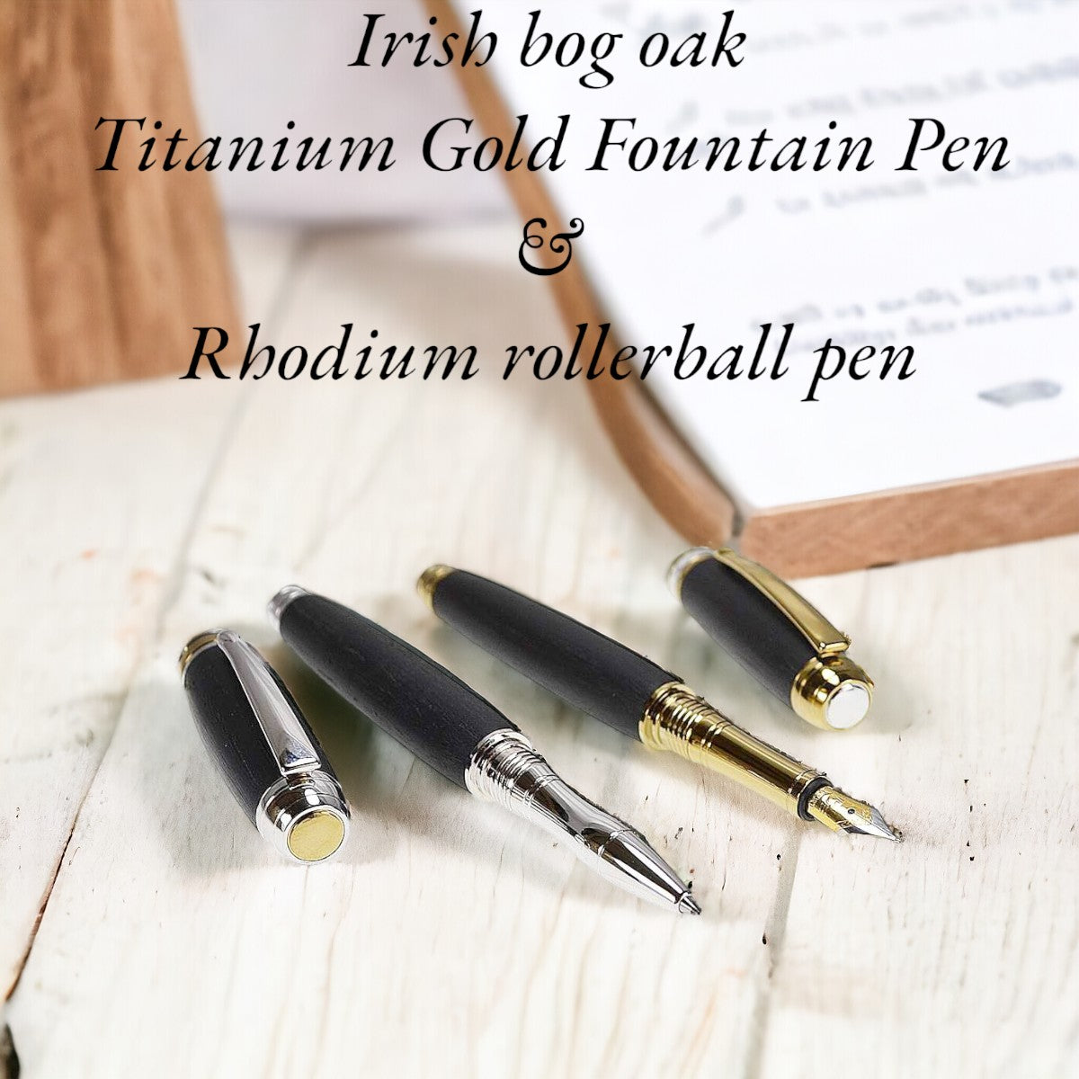 Woodland Writing Gift Set – Fountain and Rollerball Pens in Irish Bog Oak with Rhodium and Gold Trim