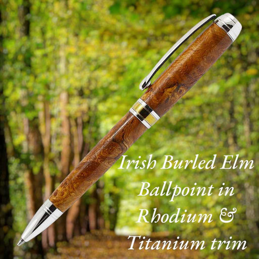 Refillable handcrafted pen made from rare burled Irish Elm – presented in gift box