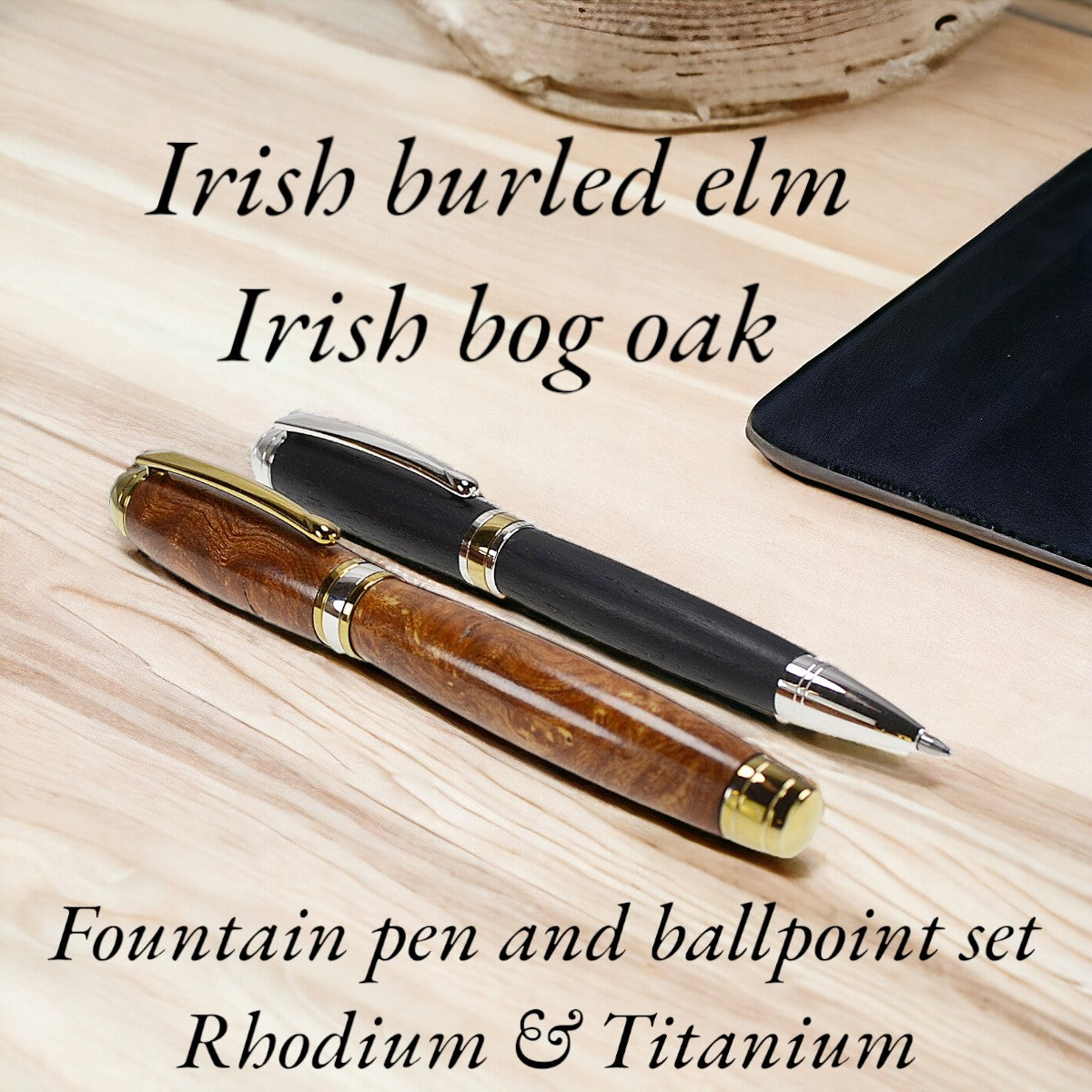 Woodland Gift Set – Burled Elm Fountain and Bog Oak Ballpoint Pens with Rhodium and Gold Trim