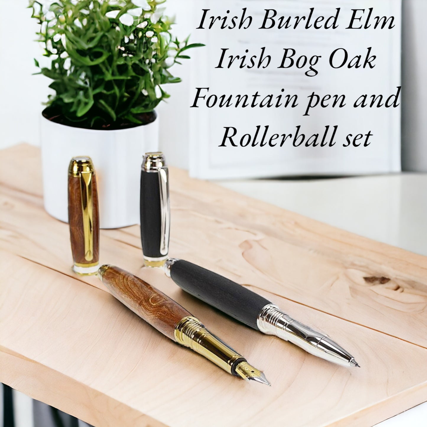 Woodland Gift Set – Irish Burled Elm & Bog Oak Fountain and Rollerball Pens with Rhodium and Gold Trim
