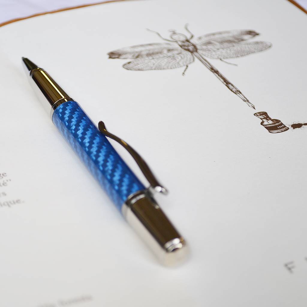 Blue carbon fiber ballpoint in rhodium and titanium accents from the Grove range