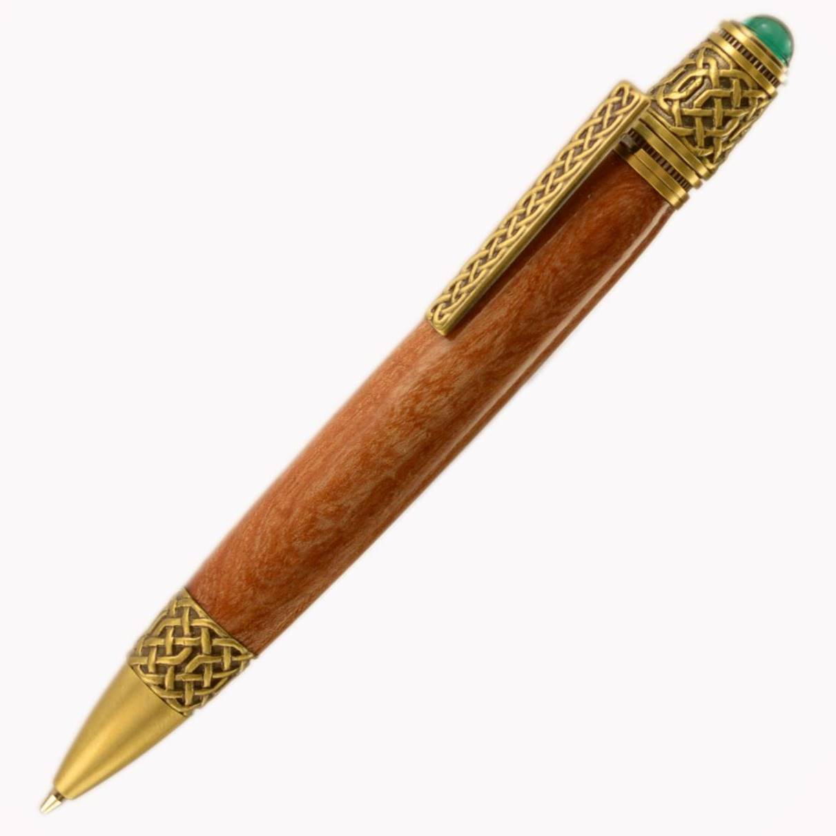 Handmade Celtic Knot Ballpoint Pen in Irish Elm with Antique Brass Trim and Emerald Cabochon – Crafted in Ireland