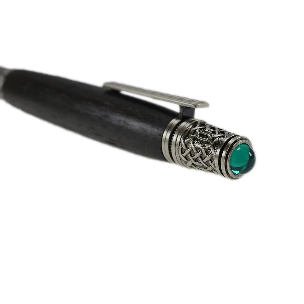 Celtic Knot pen handcrafted from Irish Bog Oak with pewter trim and emerald cabochon