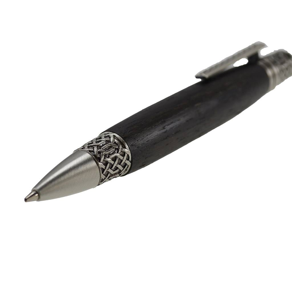 Celtic Knot pen handcrafted from Irish Bog Oak with pewter trim and emerald cabochon