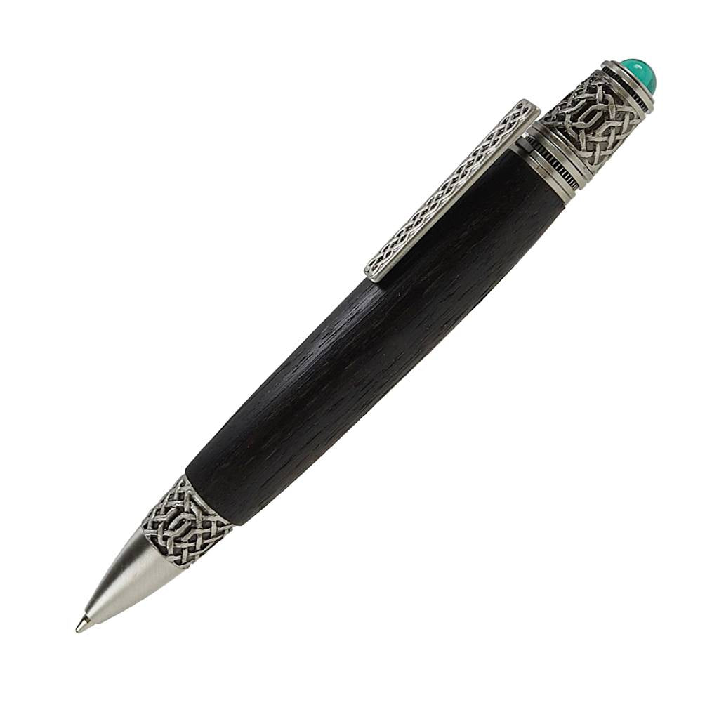 Celtic Knot pen handcrafted from Irish Bog Oak with pewter trim and emerald cabochon