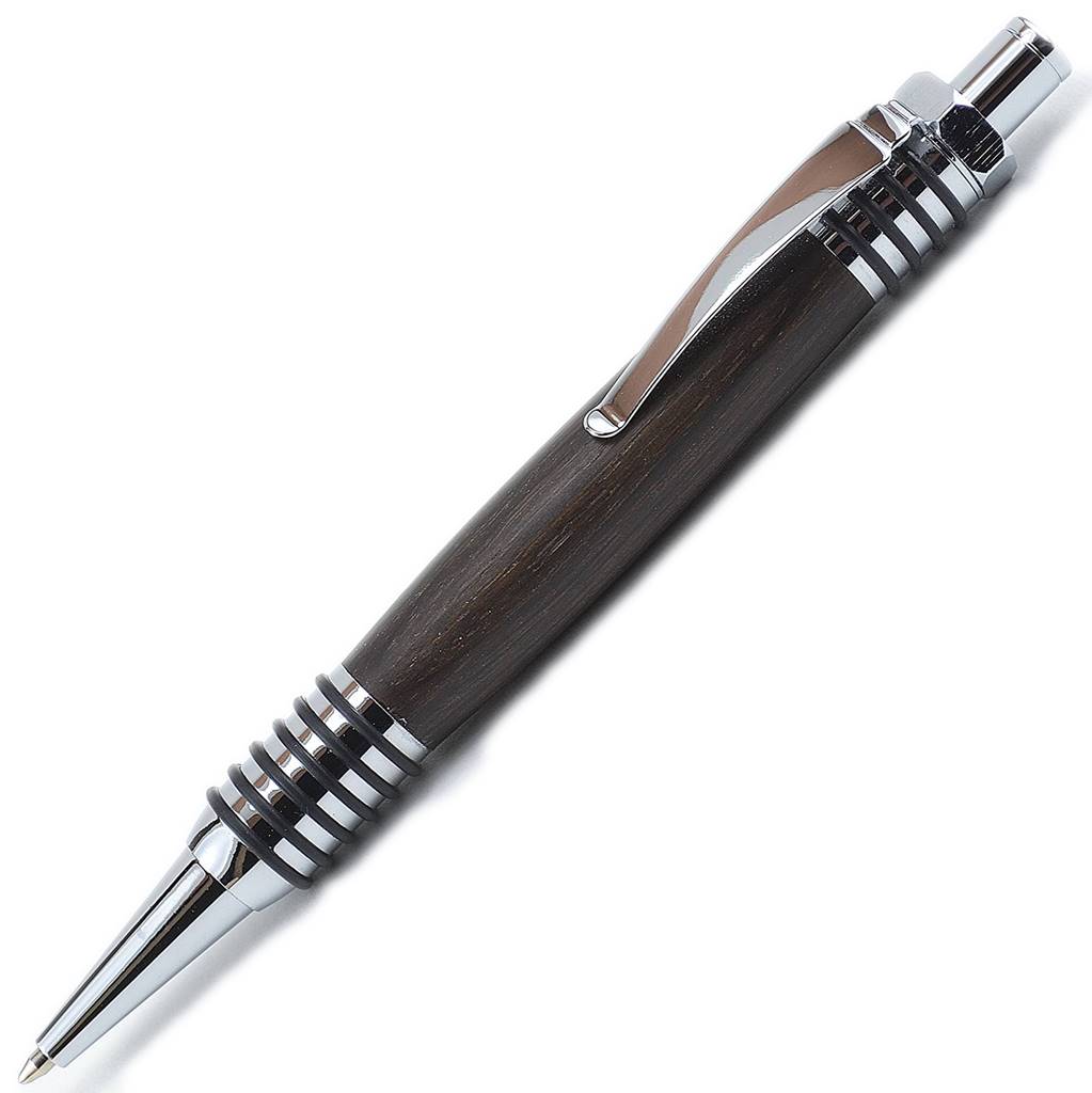 Handmade Irish Bog Oak ballpoint pen with O-ring grip and mechanical nut-style clicker – refillable and presented in a luxury gift box