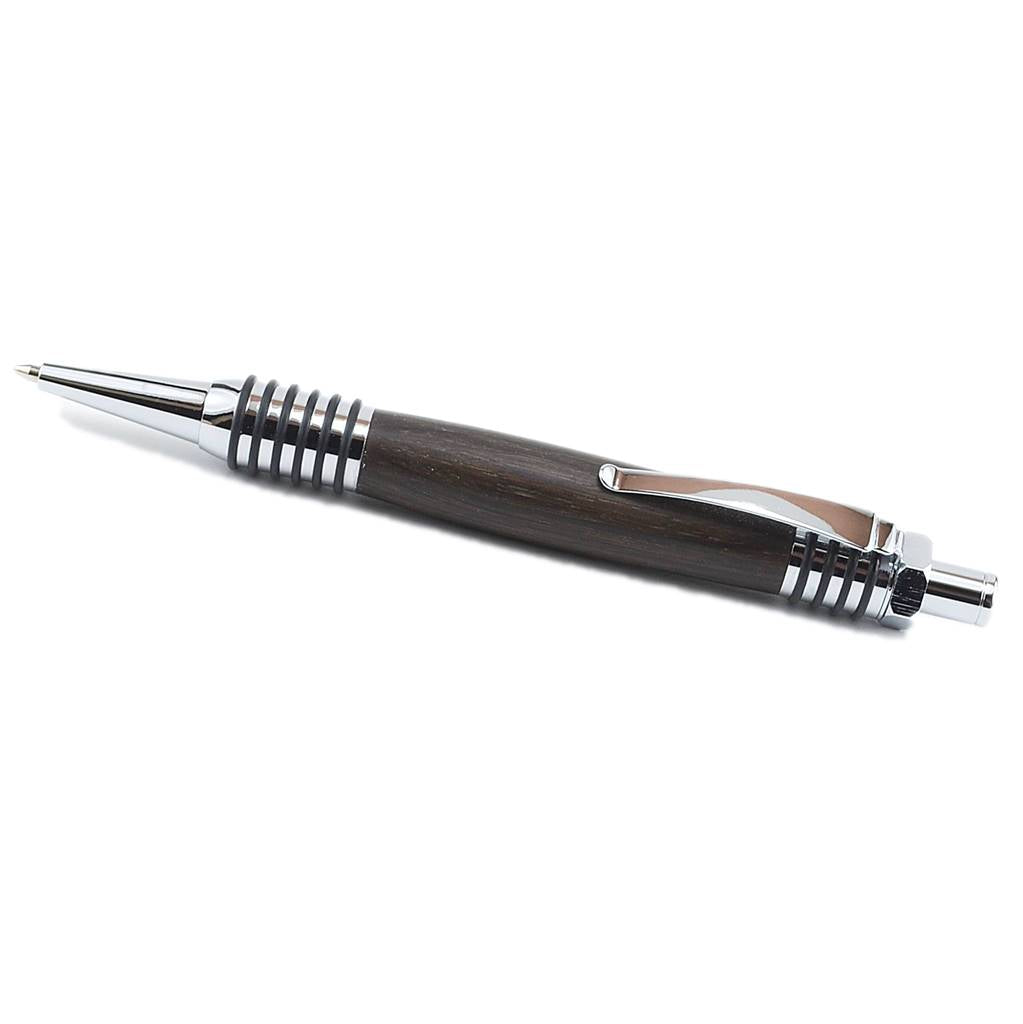 Handmade Irish Bog Oak ballpoint pen with O-ring grip and mechanical nut-style clicker – refillable and presented in a luxury gift box