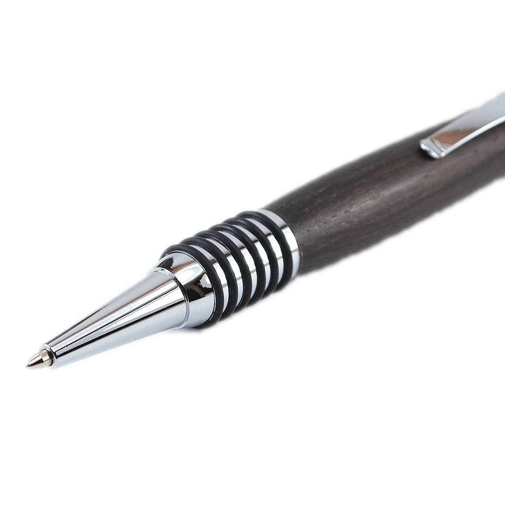 Handmade Irish Bog Oak ballpoint pen with O-ring grip and mechanical nut-style clicker – refillable and presented in a luxury gift box