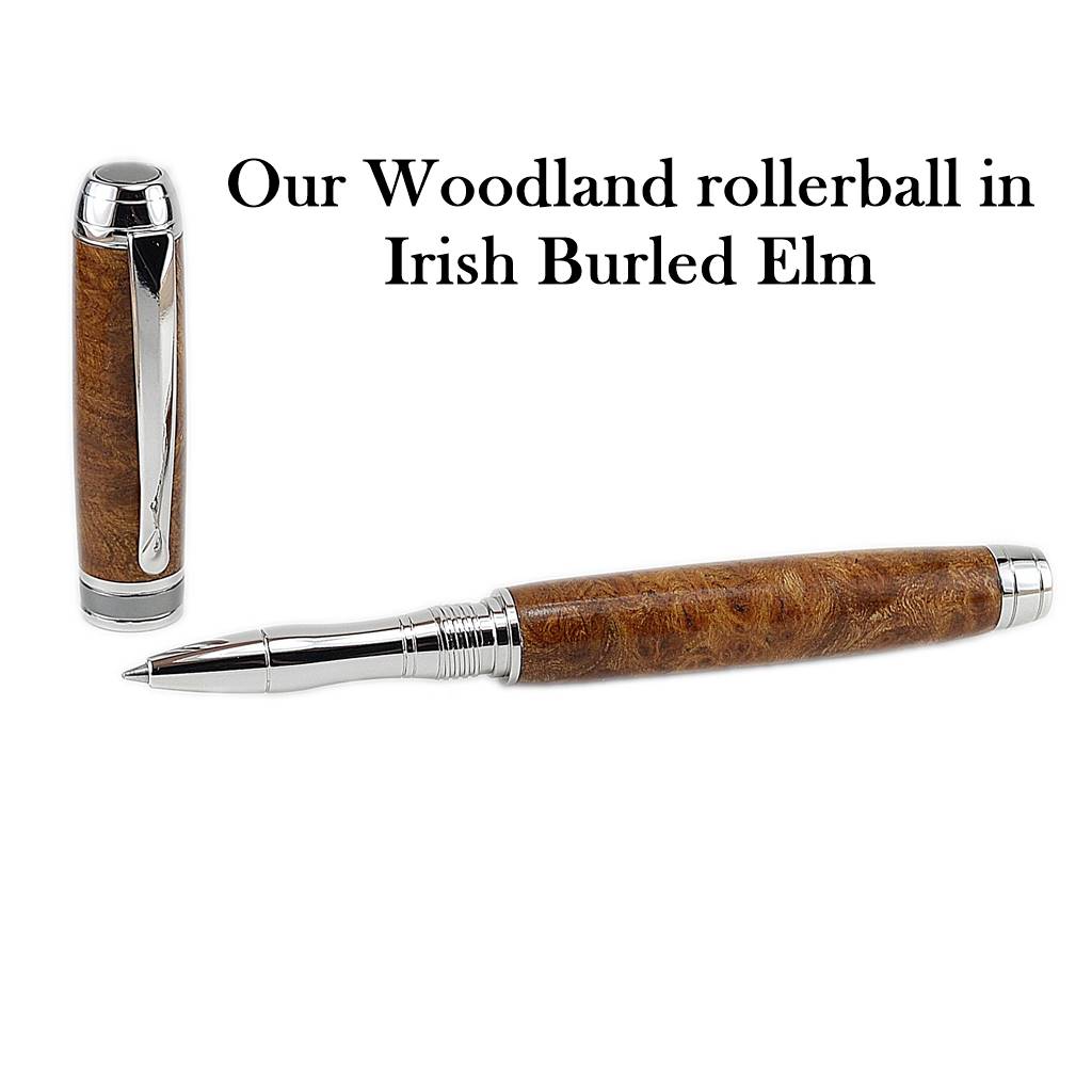 Woodland Rollerball Pen Handmade from Irish Burled Elm with Rhodium and Black Titanium Trim – by Irish Pens