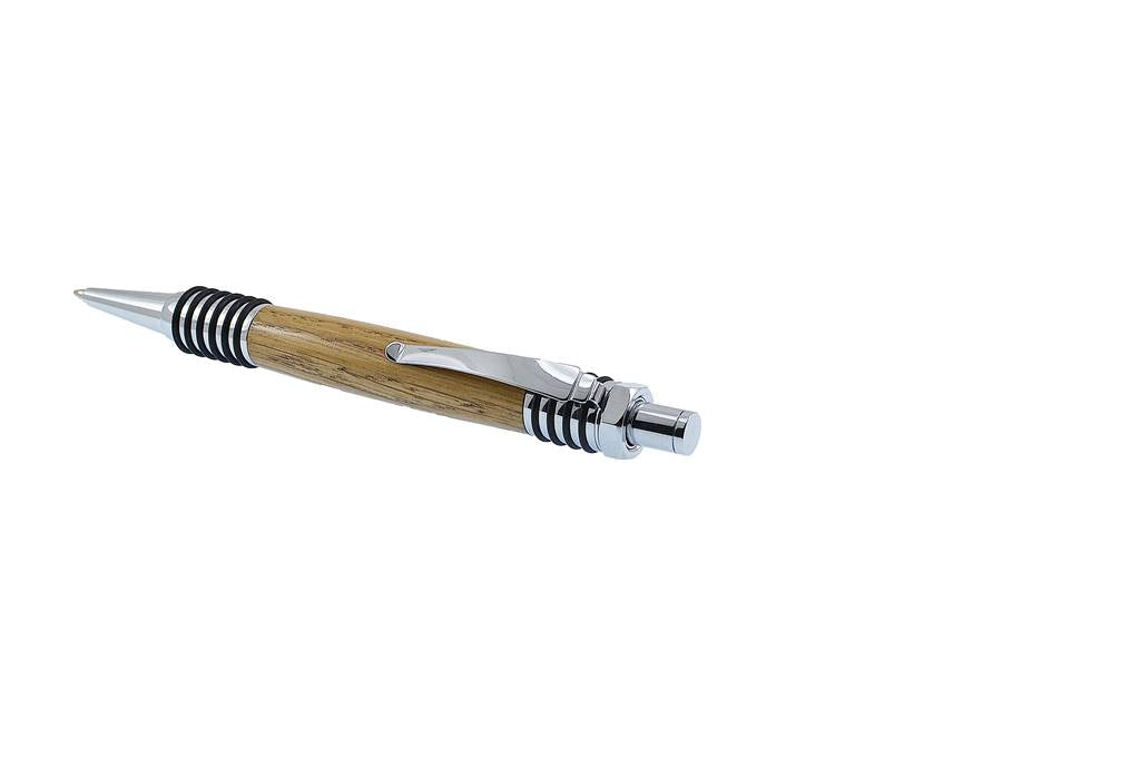 Mechanical nut-shaped clicker mechanism on handcrafted oak pen