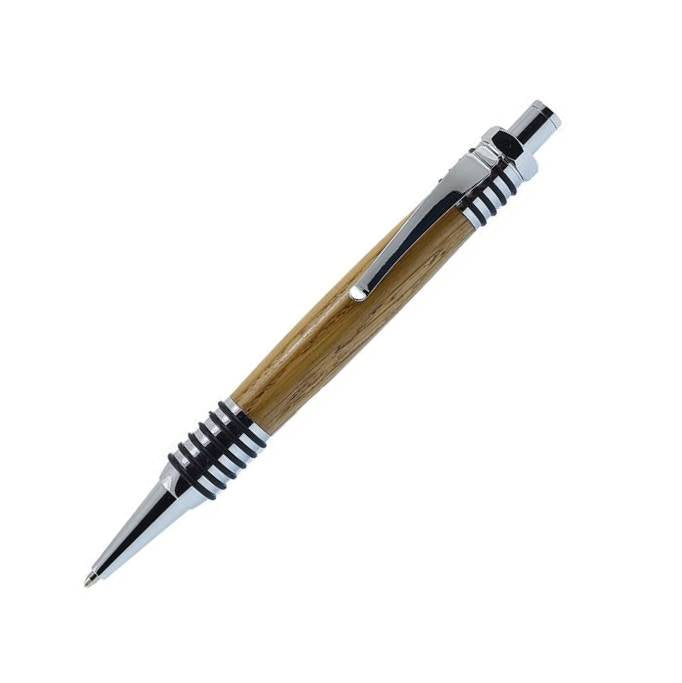 Flamed Irish Oak ballpoint pen with nut-shaped clicker and chrome trim