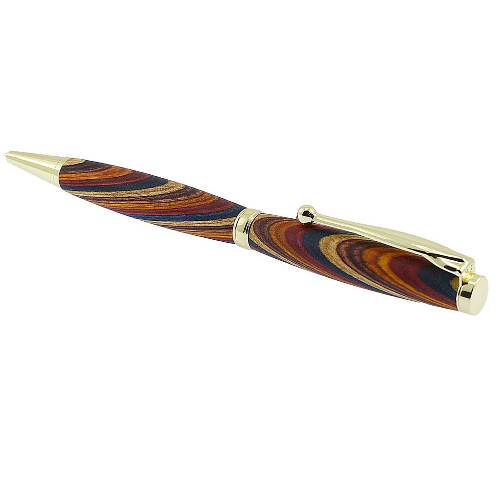 Handmade slim Rainbow wood ballpoint pen with bright gold trim from Irish Pens