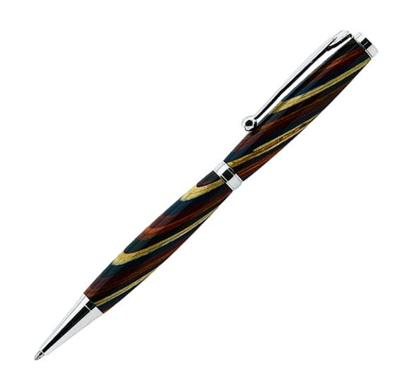 Handmade slim Rainbow wood ballpoint pen with platinum trim from Irish Pens