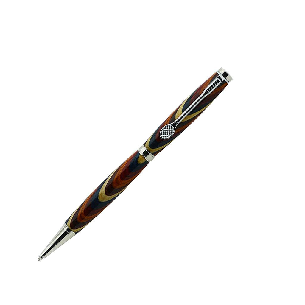 Tennis Ballpoint Pen with platinum trim and tennis racket clip, handmade in Ireland
