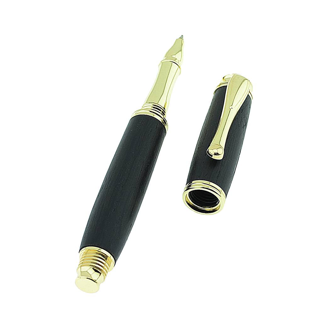 Handmade Irish Bog Oak Rollerball Pen with Bright Gold Trim – Crafted in Ireland