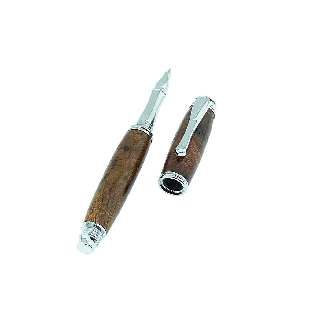 Handmade Irish Rollerball Pen made from Burled Elm with Bright Chrome Trim – a one-of-a-kind heritage gift