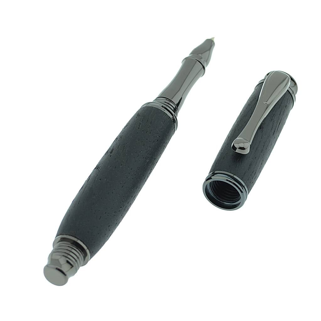 Handcrafted Irish Bog Oak Eclipse Rollerball Pen with Black Chrome Trim – Made in Ireland