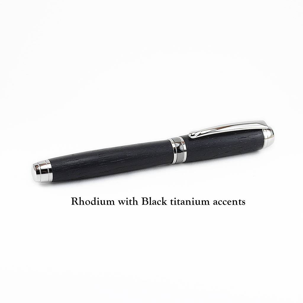 Woodland Rollerball Pen handmade from 5,000-year-old Irish Bog Oak with Rhodium and Black Titanium trim