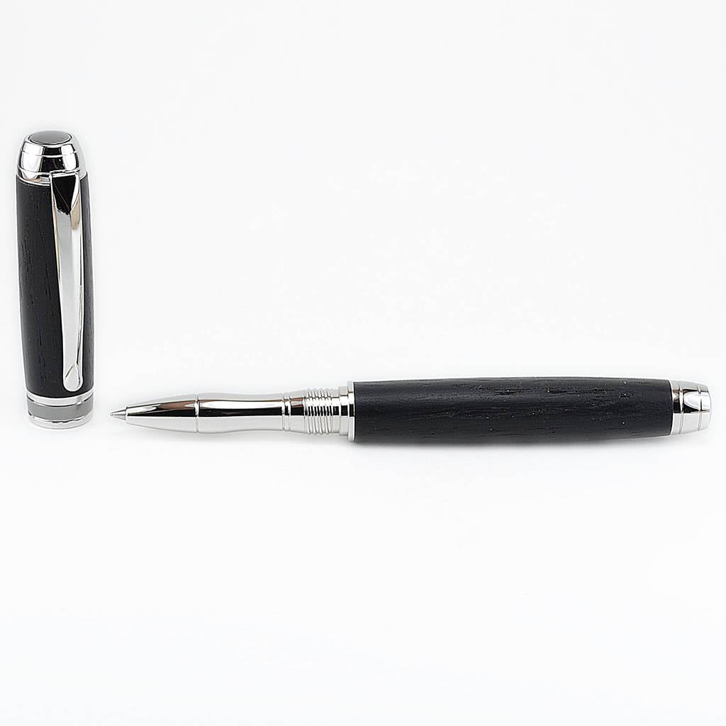 Woodland Rollerball Pen handmade from 5,000-year-old Irish Bog Oak with Rhodium and Black Titanium trim