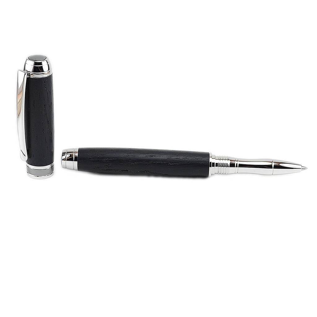 Woodland Rollerball Pen handmade from 5,000-year-old Irish Bog Oak with Rhodium and Black Titanium trim