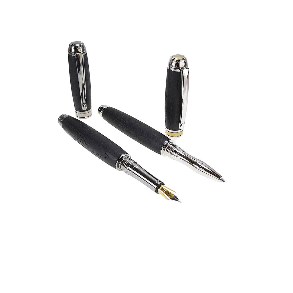 Woodland Gift Set – Bog Oak Eclipse Fountain Pen and Rhodium Rollerball Pen with Gold Titanium Trim