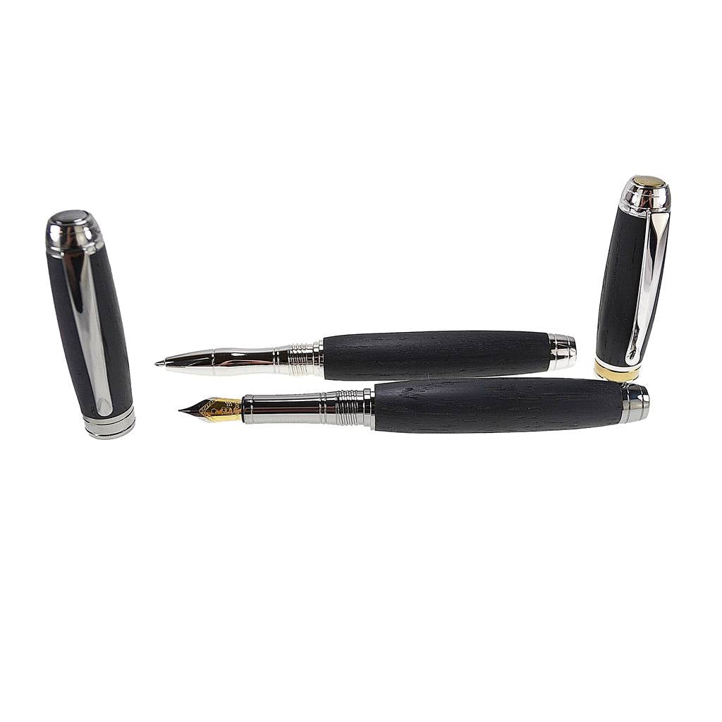 Woodland Gift Set – Bog Oak Eclipse Fountain Pen and Rhodium Rollerball Pen with Gold Titanium Trim