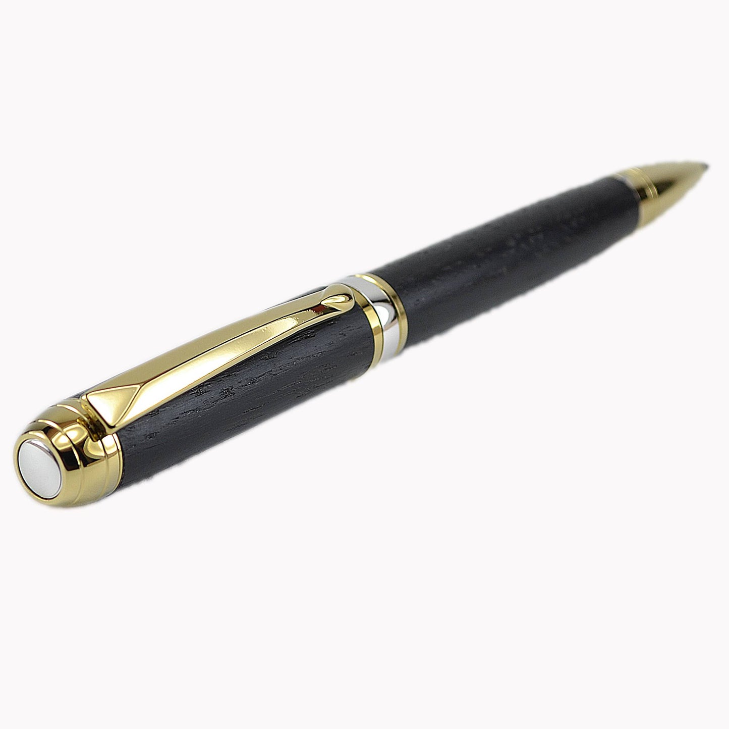 Handcrafted Irish Bog Oak ballpoint pen with gold titanium and rhodium trim