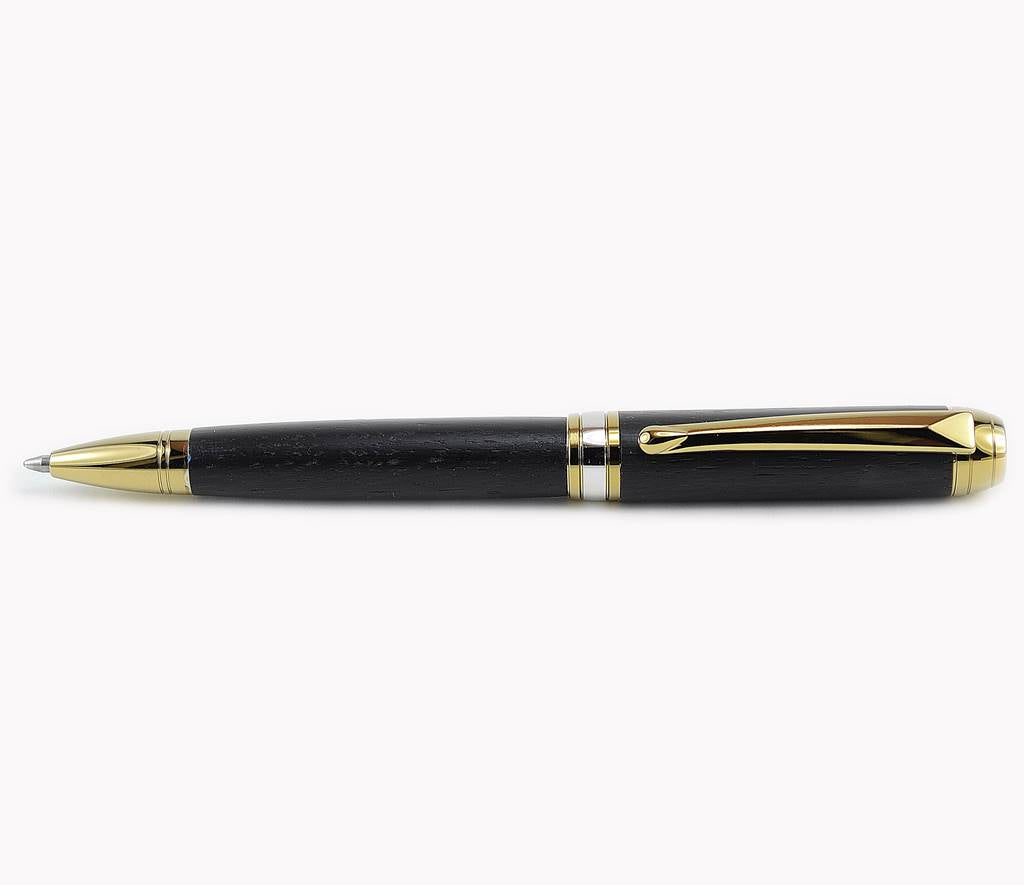 Handcrafted Irish Bog Oak ballpoint pen with gold titanium and rhodium trim