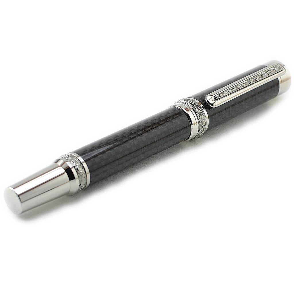 Handmade Carbon Fibre Fountain Pen with Rhodium & Titanium Trim – Irish-Made Luxury Writing Instrument