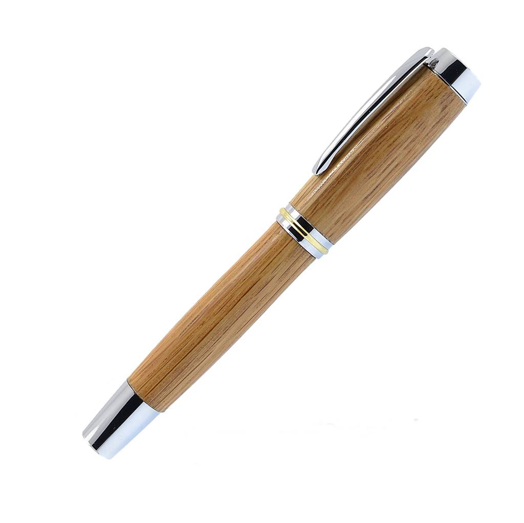 Handmade Shannon Rollerball Pen crafted from Irish Whiskey Oak with Rhodium and Gold Titanium trim – a luxury Irish gift
