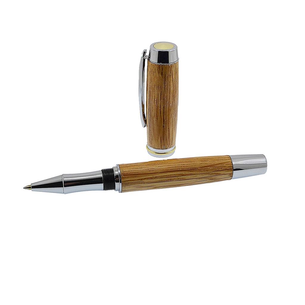 Handmade Shannon Rollerball Pen crafted from Irish Whiskey Oak with Rhodium and Gold Titanium trim – a luxury Irish gift