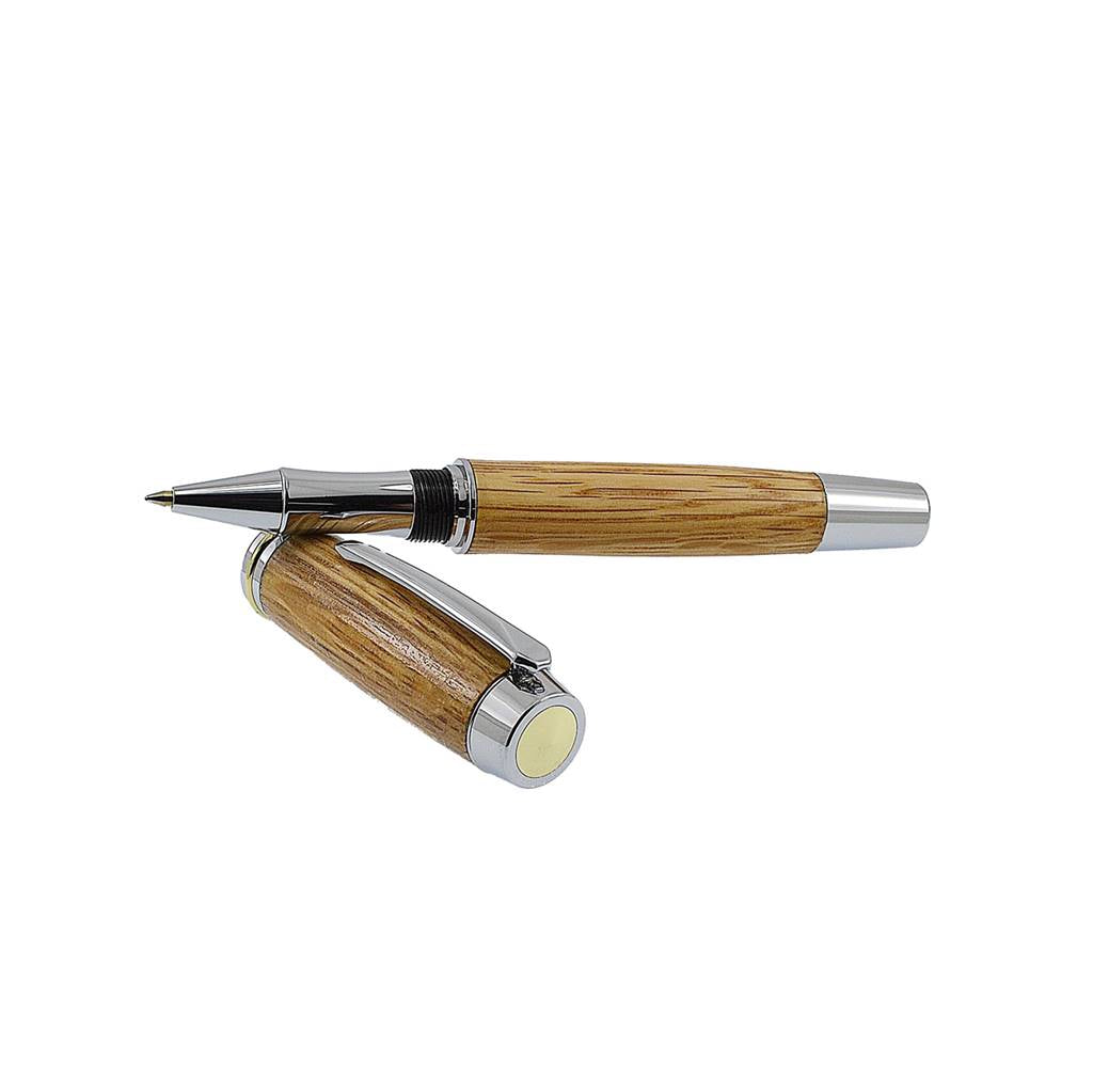 Handmade Shannon Rollerball Pen crafted from Irish Whiskey Oak with Rhodium and Gold Titanium trim – a luxury Irish gift