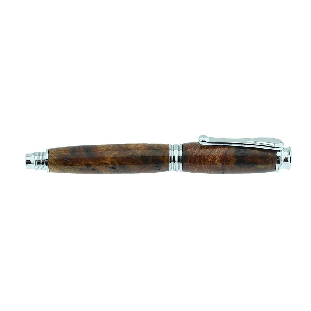 Handmade Irish Rollerball Pen made from Burled Elm with Bright Chrome Trim – a one-of-a-kind heritage gift