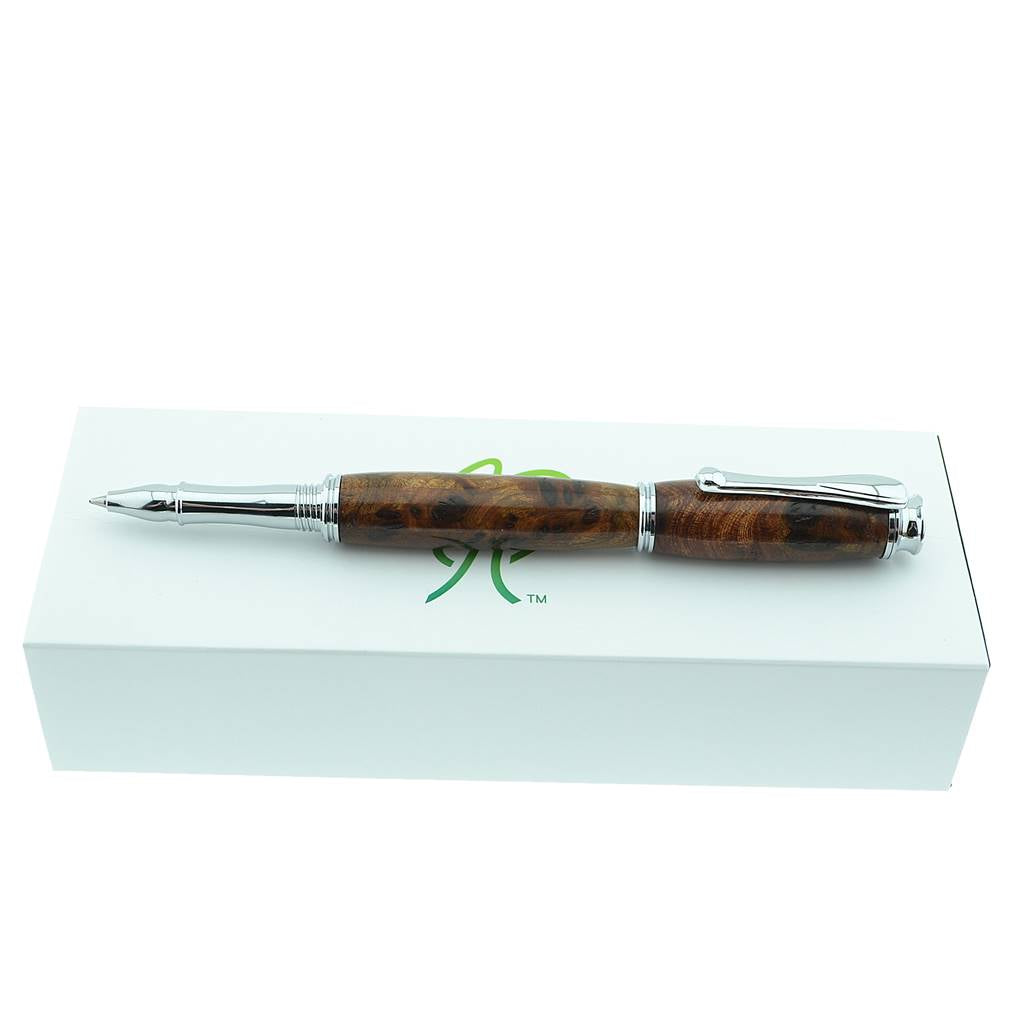Handmade Irish Rollerball Pen made from Burled Elm with Bright Chrome Trim – a one-of-a-kind heritage gift