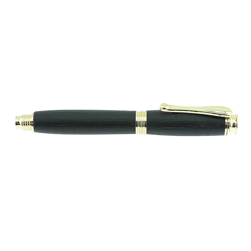 Handmade Irish Bog Oak Rollerball Pen with Bright Gold Trim – Crafted in Ireland