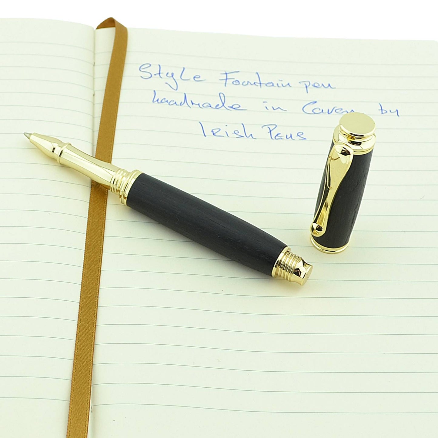 Handmade Irish Bog Oak Rollerball Pen with Bright Gold Trim – Crafted in Ireland