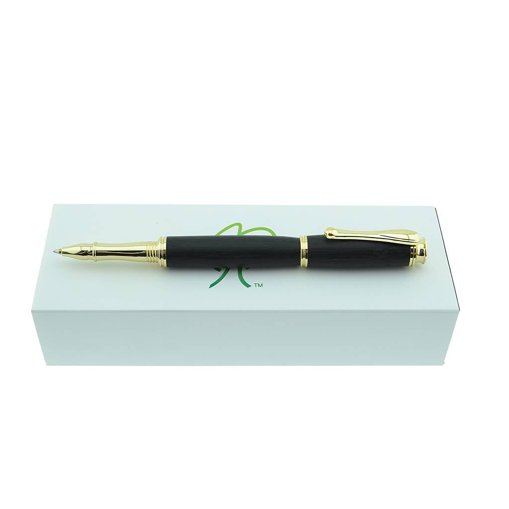 Handmade Irish Bog Oak Rollerball Pen with Bright Gold Trim – Crafted in Ireland