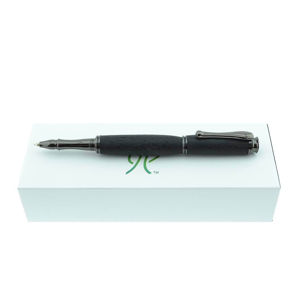 Handcrafted Irish Bog Oak Eclipse Rollerball Pen with Black Chrome Trim – Made in Ireland