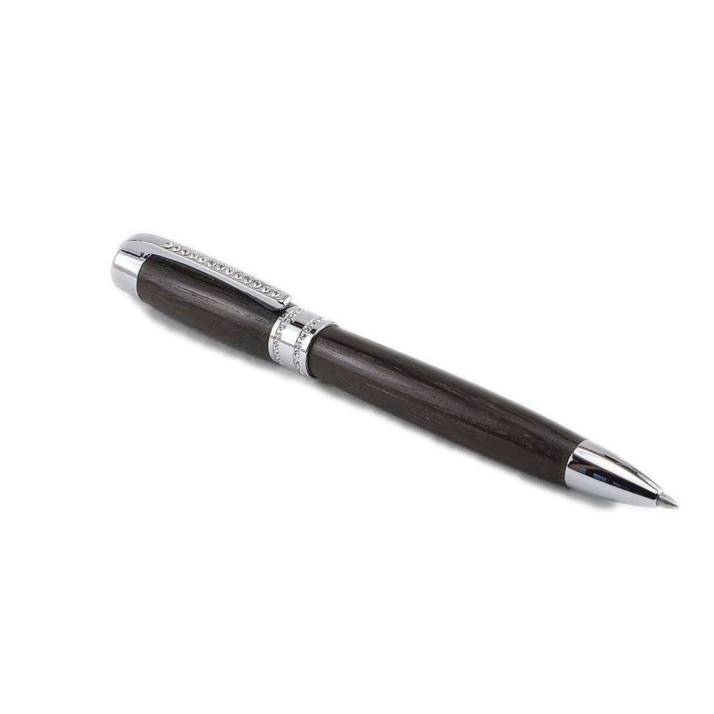Irish Bog Oak ballpoint pen with chrome trim and 52 Swarovski crystals handmade by Irish Pens