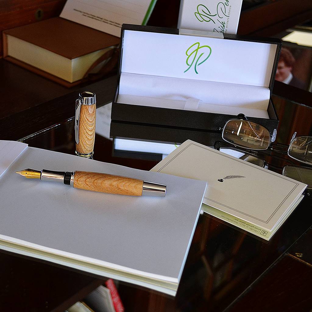 Shannon Fountain Pen handmade from Irish Elm wood with silver trim, crafted in Ireland by Irish Pens.