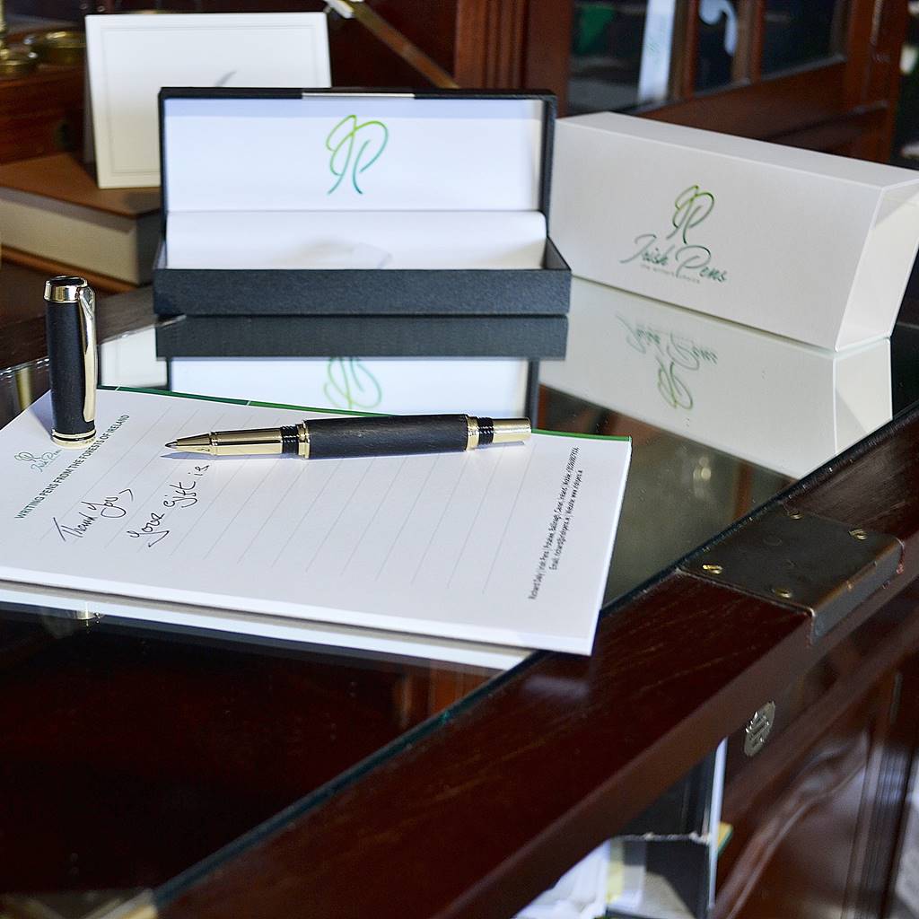 Handmade Irish Bog Oak Rollerball Pen with Gold Trim – Luxury Irish Gift