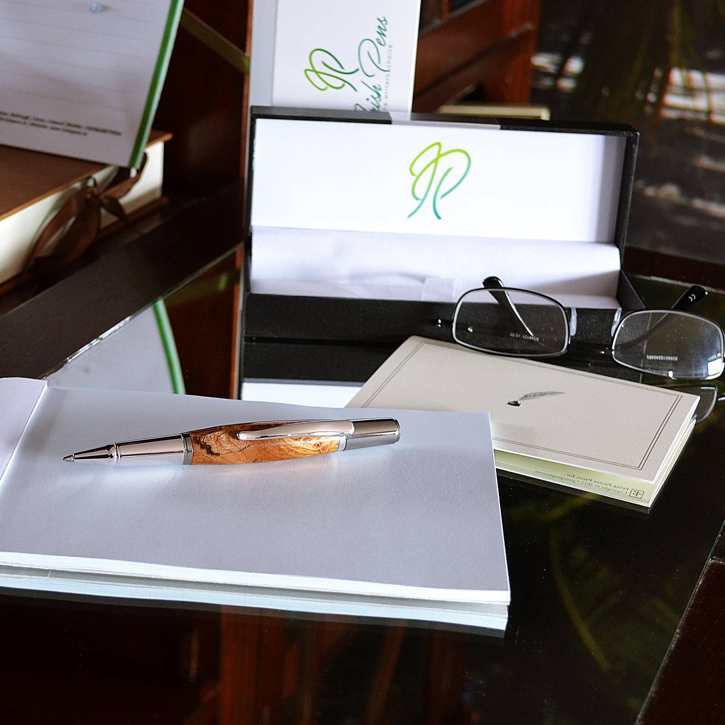 Grove Ballpoint Pen handcrafted from Burled Irish Elm with Rhodium and Black Titanium trim – Irish Pens handmade in Kells, Ireland