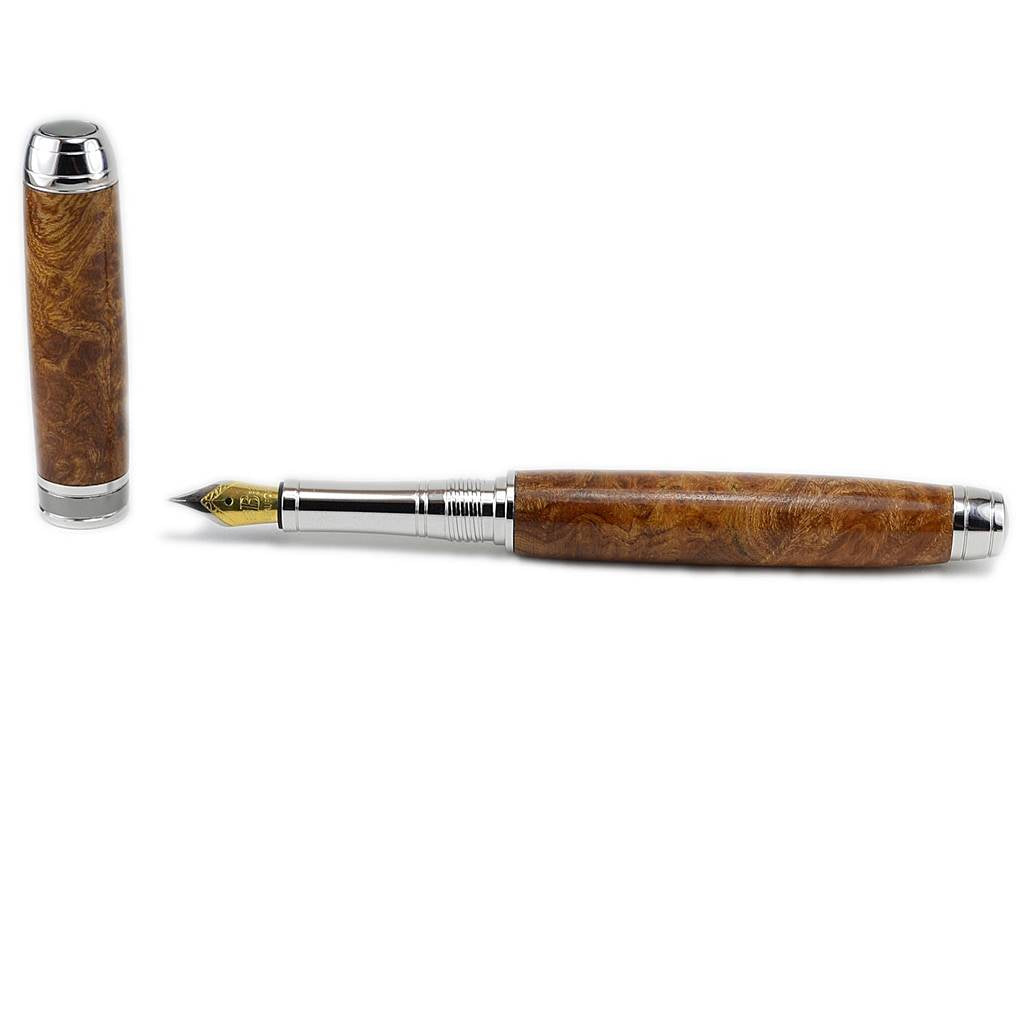 Woodland Fountain Pen handmade from Irish Burled Elm with Rhodium and Black Titanium trim, crafted in Ireland