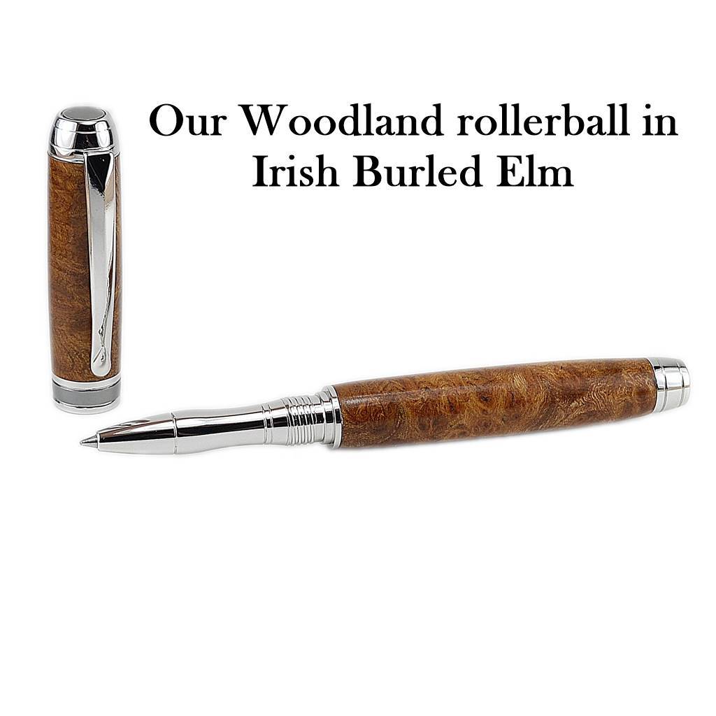 Woodland Rollerball Pen Handmade from Irish Burled Elm with Rhodium and Black Titanium Trim – by Irish Pens